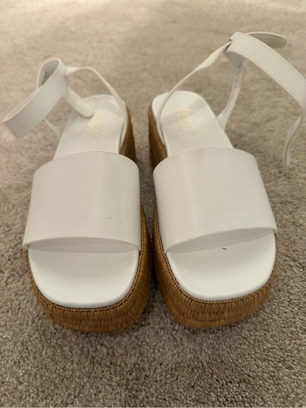 Franco Sarto White Leather Espadrille Platform Sandals with Tan Woven Sole